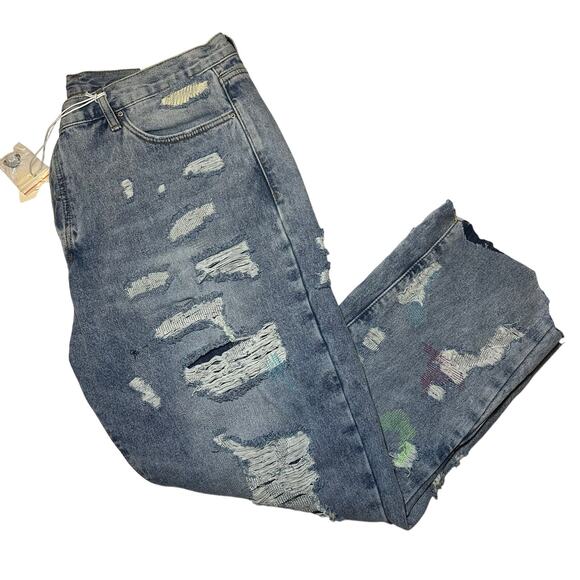 MNML B570 Flare Denim Mens Jeans Distressed Deconstructed Hem Size 42x28 New - Picture 1 of 11